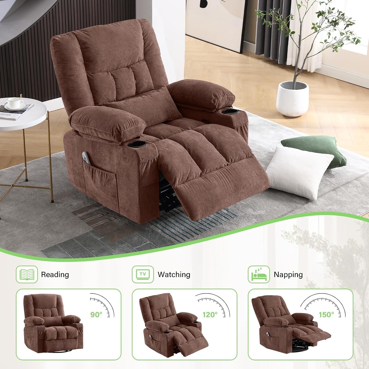 Oversized Swivel Rocker Recliner Chair for Adults, Manual Glider Recliner Sofa with Massage and Heat, Nursery Rocking Chair with Cup Holder and Side Pocket for Living Room