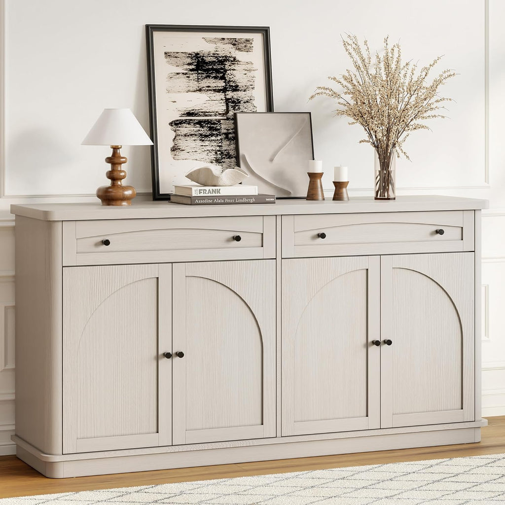 ONBRILL 63 Inch Buffet Cabinet with Storage, Curved Sideboard Cabinet with 2 Drawers and 4 Arched Doors, Storage Cabinets with Adjustable Shelves, Sideboard Buffet for Living Room, Kitchen, Grey Oak