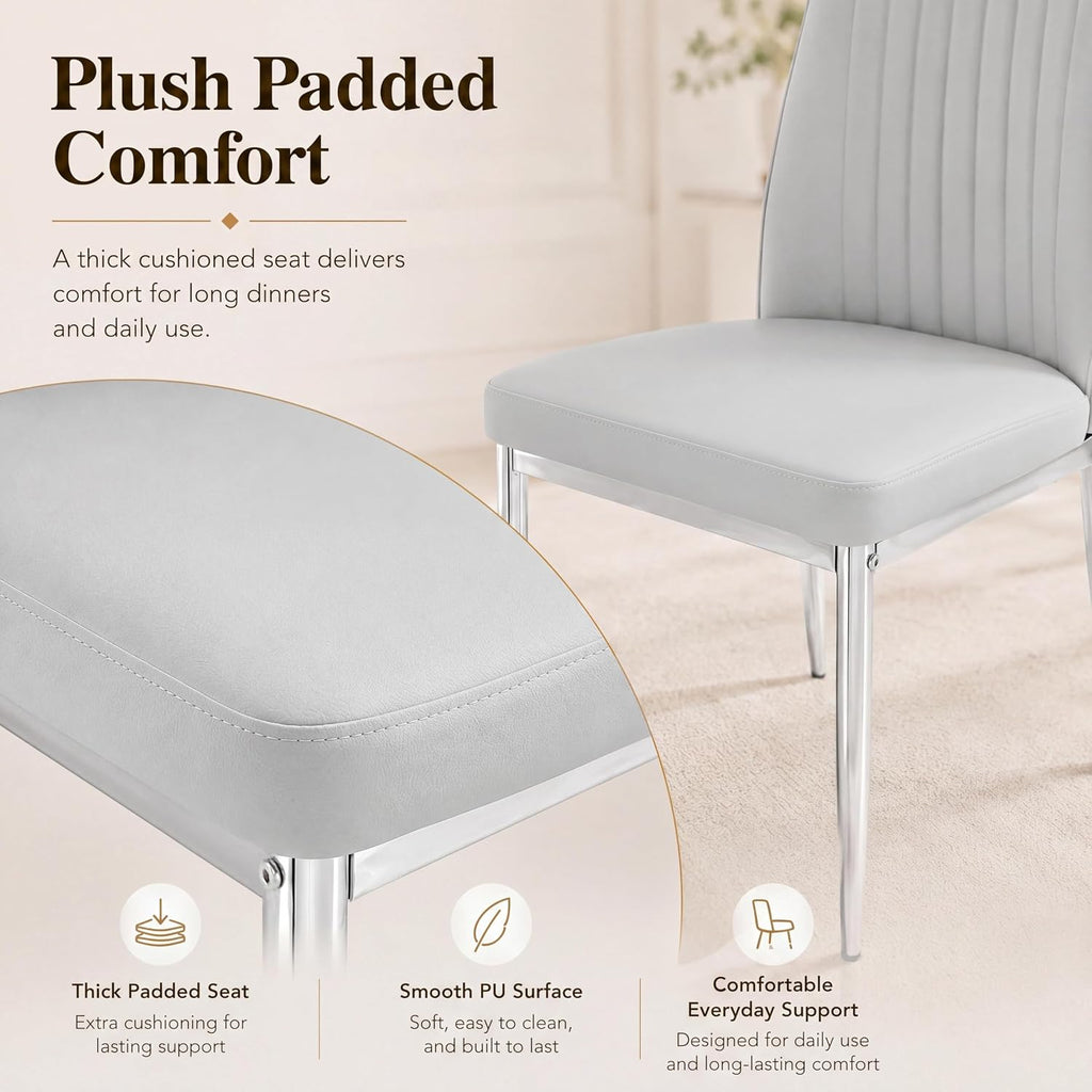 Gray Dining Chairs Set of 6, Modern PU Leather Dining Room Chair with Chrome Metal Legs, Upholstered Kitchen Chair with High Back Sillas para Comedor for Kitchen, Living Room, Apartment (Light Gray,6)