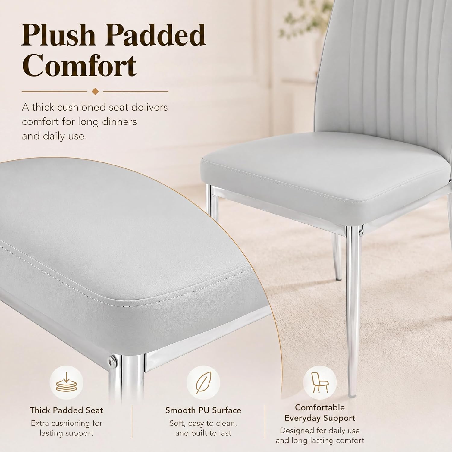 Gray Dining Chairs Set of 6, Modern PU Leather Dining Room Chair with Chrome Metal Legs, Upholstered Kitchen Chair with High Back Sillas para Comedor for Kitchen, Living Room, Apartment (Light Gray,6)