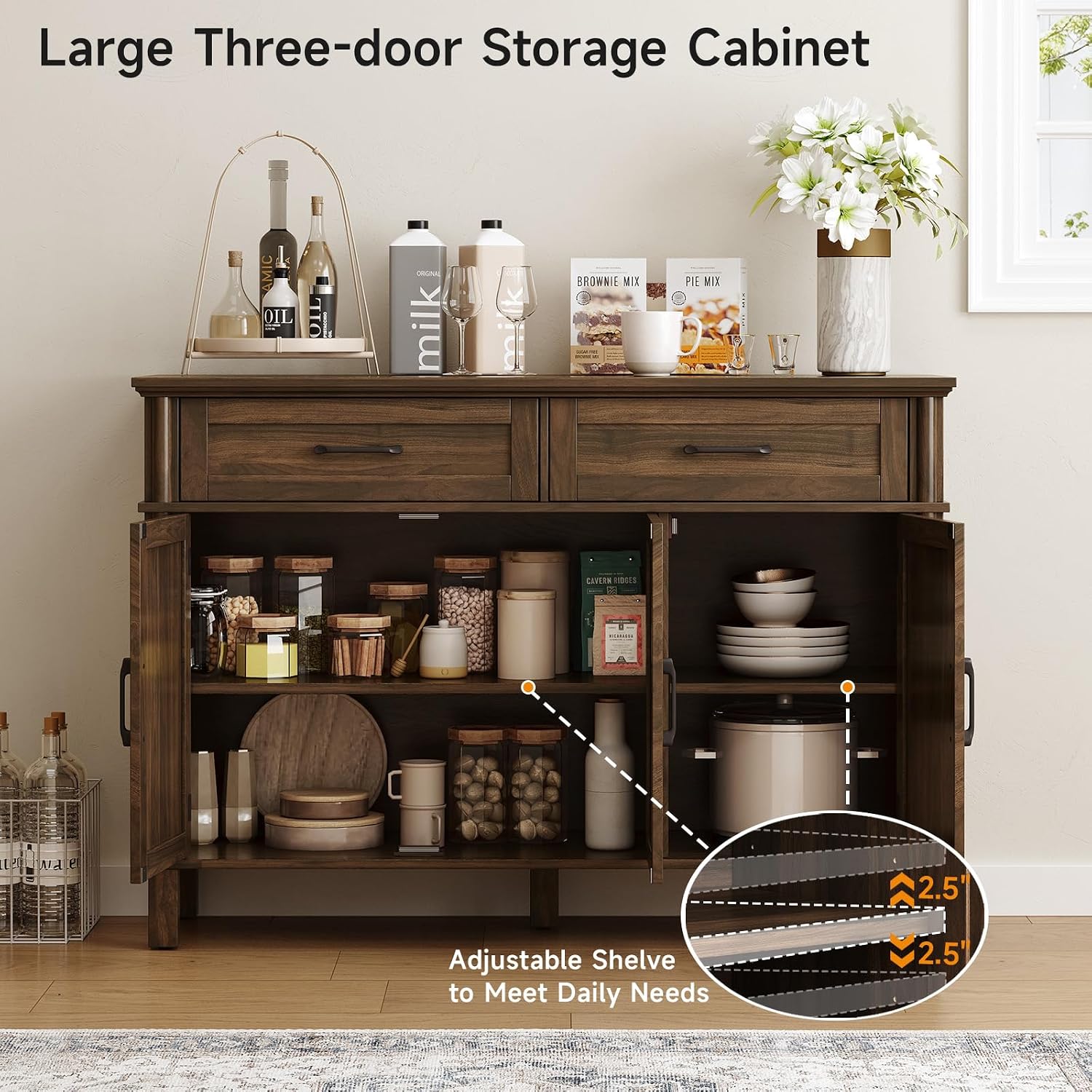 ONBRILL 48 Inch Buffet Cabinet with Storage, Farmhouse Sideboard Buffet w/2 Drawers and 3 Doors, Wood Coffee Bar Cabinet with Adjustable Shelves, Sideboard Storage for Kitchen, Living Room, Walnut