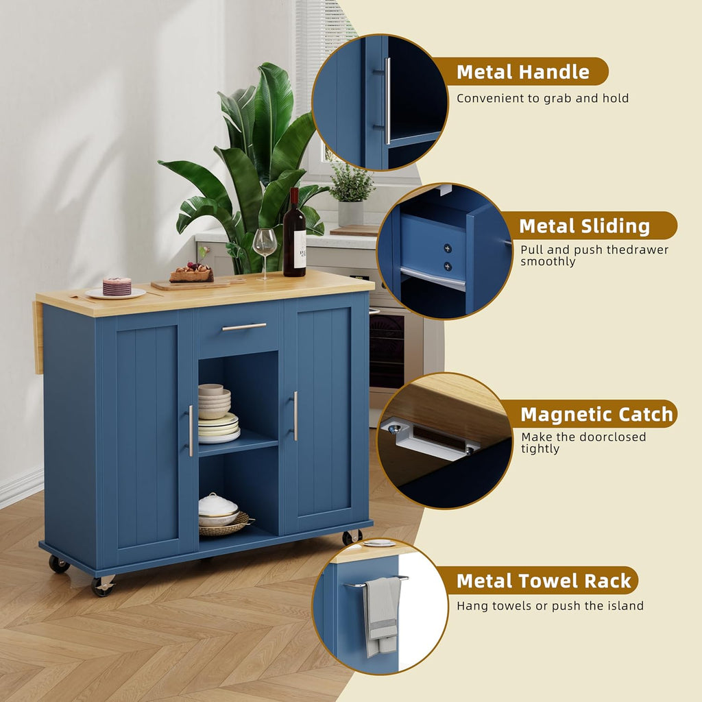 SUNLEI Rolling Kitchen Island Cart with Wheels, Island Table for Kitchen, Farmhouse Kitchen Cart with Drop Leaf & Towel Rack & Drawer, Kitchen Islands Table with Storage Cabinet, Blue