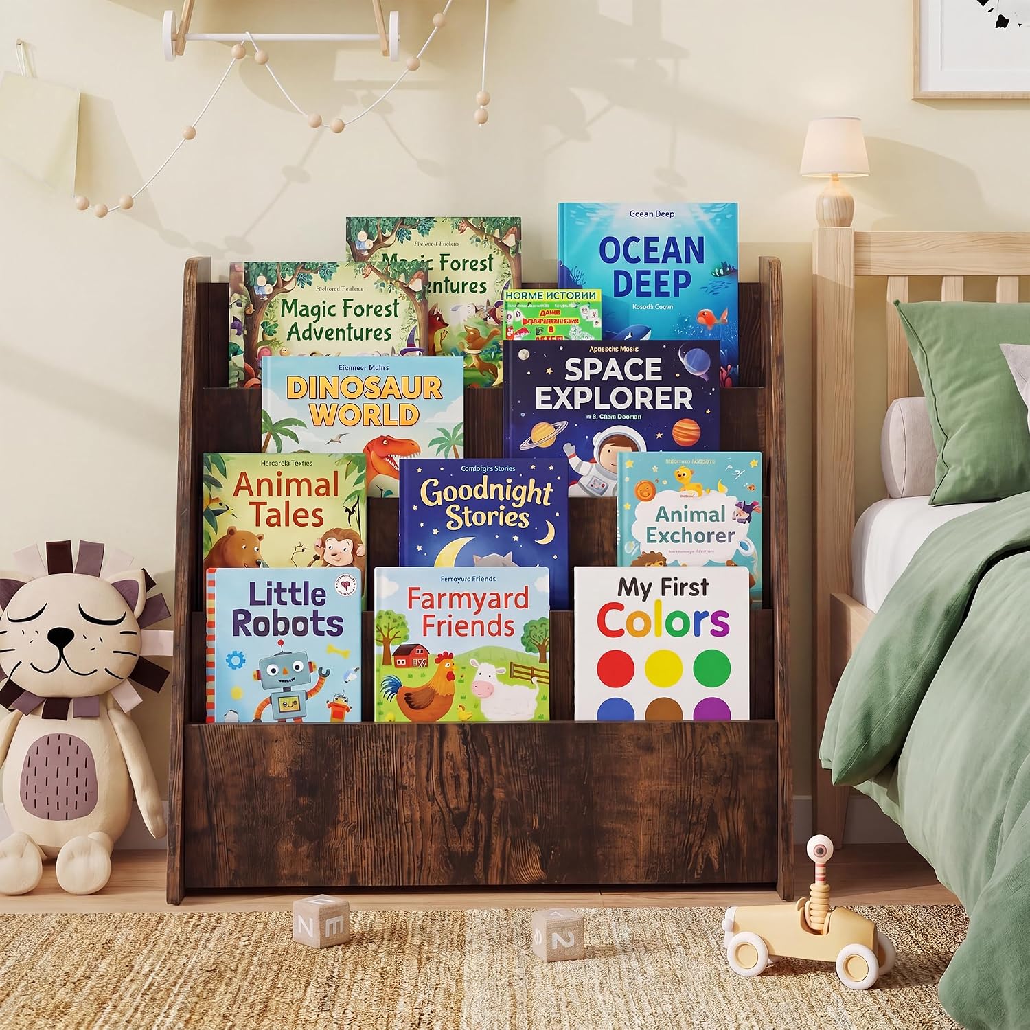 GLACER 4-Tier Kids Bookshelf, Wood Toddler Bookcase with Deep Magazine Display Shelf & Back Storage Space, Children Storage Organizer for Nursery, Playroom, Kids Bedroom, Classroom (Rustic Brown)