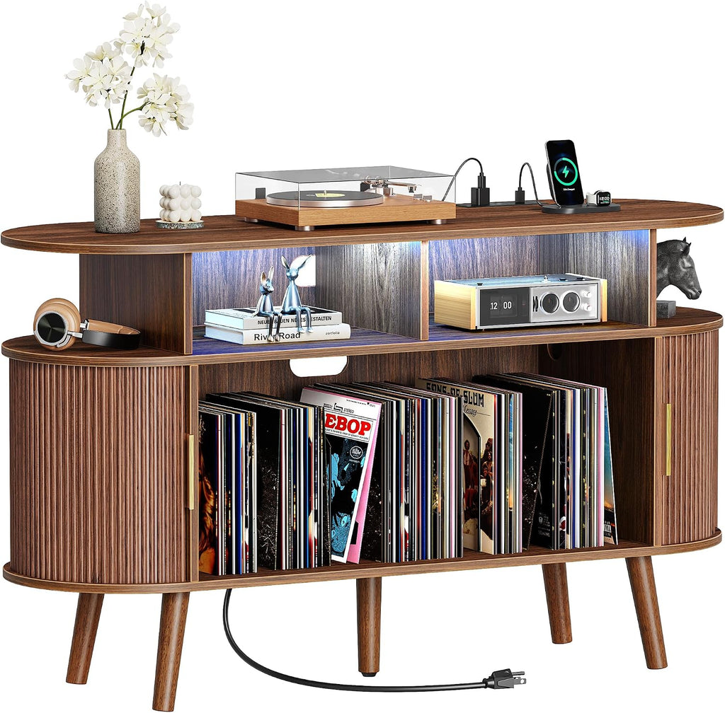 PRAISUN 47.2 Inch Large Record Player Stand with Power Outlets & 3-Color Lights, Vinyl Record Stand with 2 Fluted Cabinets, USB-C Port, Mid Century Modern Player Stand, Open Storage, Walnut