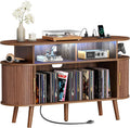 PRAISUN 47.2 Inch Large Record Player Stand with Power Outlets & 3-Color Lights, Vinyl Record Stand with 2 Fluted Cabinets, USB-C Port, Mid Century Modern Player Stand, Open Storage, Walnut
