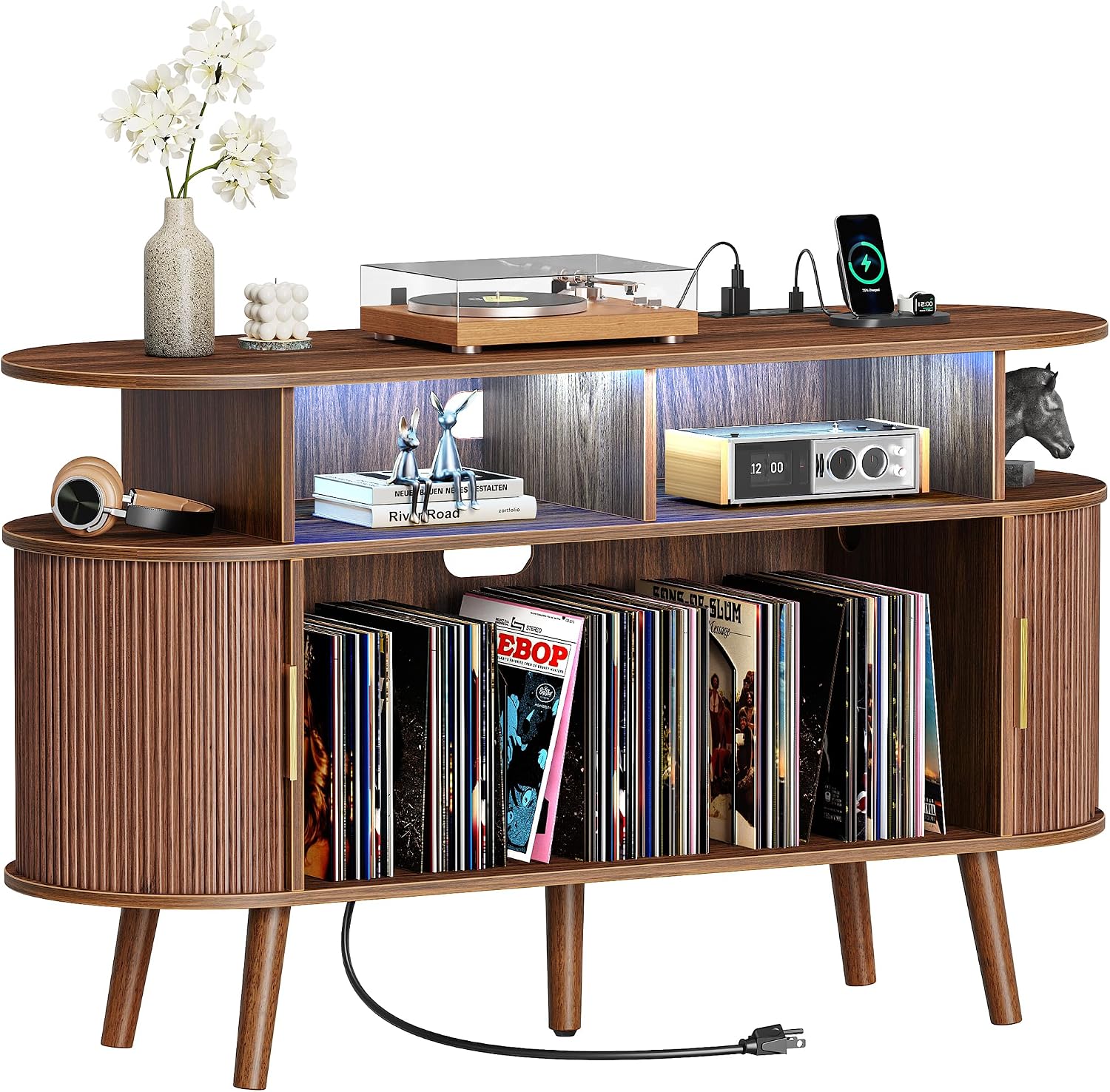 PRAISUN 47.2 Inch Large Record Player Stand with Power Outlets & 3-Color Lights, Vinyl Record Stand with 2 Fluted Cabinets, USB-C Port, Mid Century Modern Player Stand, Open Storage, Walnut