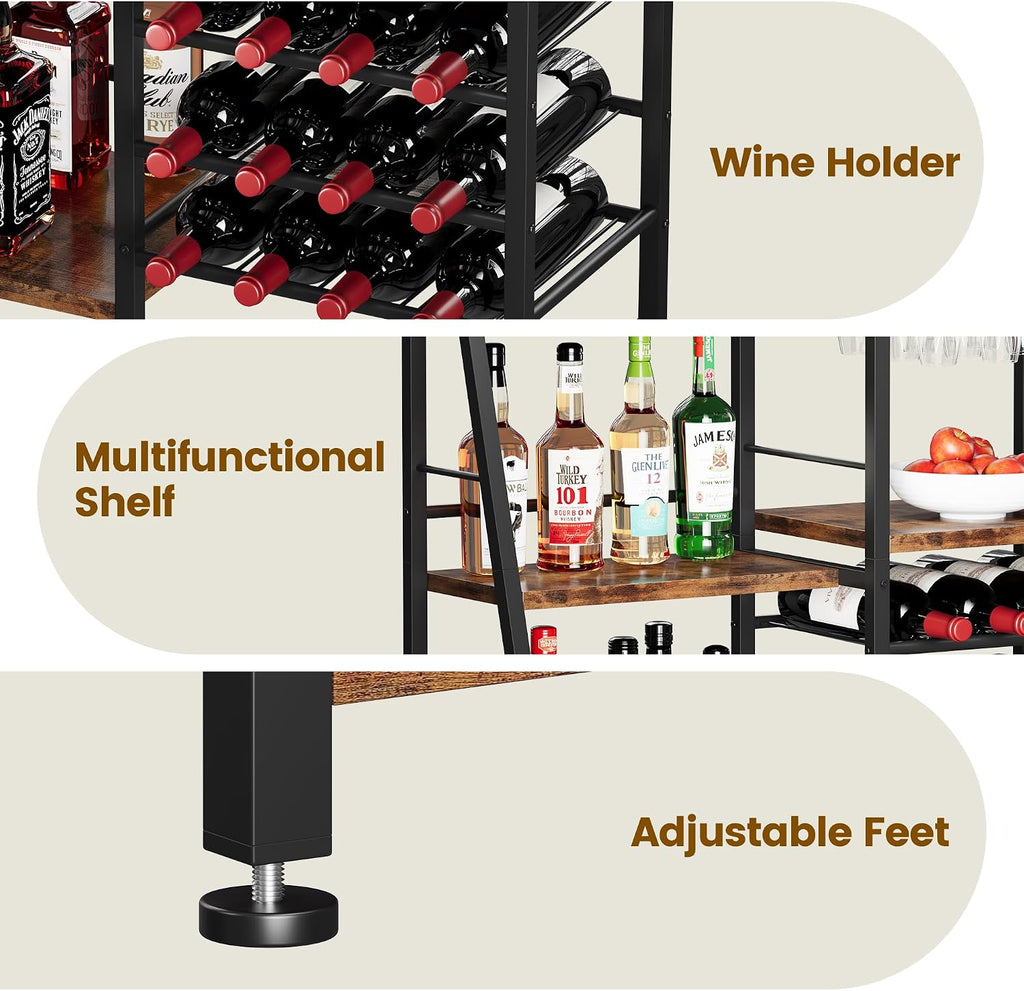 Homeiju Liquor Cabinet Bar for Home Bar, 3 Tier Wine Rack Freestanding Floor with Glass Holder and Fences, Trapezoidal Liquor Bottle Display Shelf for Liquor Whiskey Wine, Brown