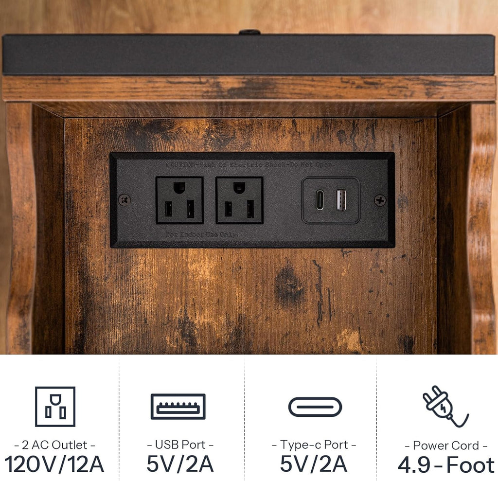 HOOBRO End Table with Charging Station, Narrow Side Table, Flip Top Nightstand with USB Ports and Outlets, Bedside Tables with Shelf for Small Spaces, Living Room, Rustic Brown BF341BZ01