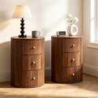 FurSch Fully Assembled Round End Table, Fluted Mid Century Side Table with 3 Storage Drawers for Living Room, Bedroom, Couch (Walnut-2 pcs)
