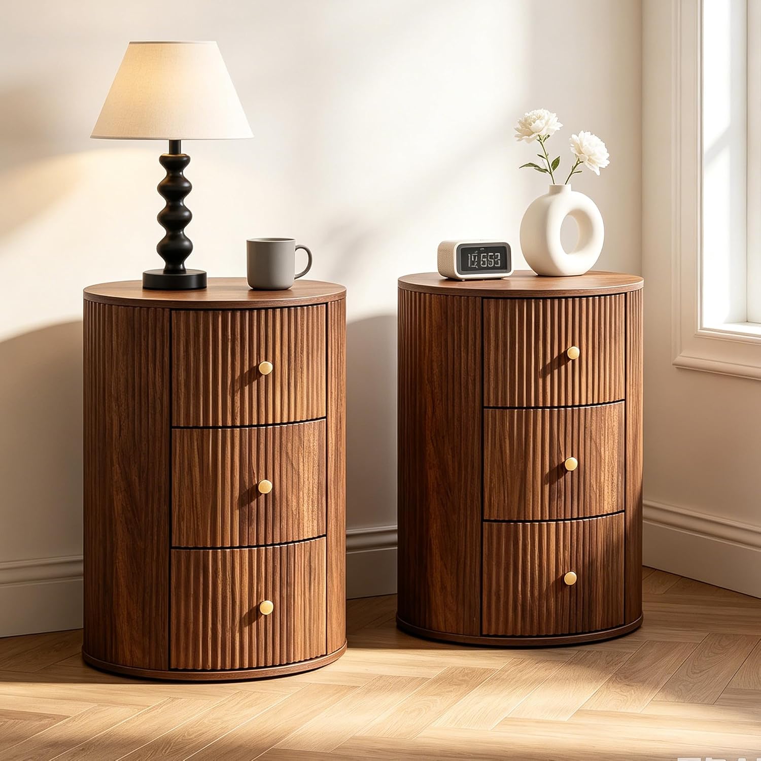 FurSch Fully Assembled Round End Table, Fluted Mid Century Side Table with 3 Storage Drawers for Living Room, Bedroom, Couch (Walnut-2 pcs)