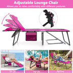 Giantex Patio Lounge Chairs for Outside - Folding Tanning Chair w/Headrest, 4 Adjustable Positions, Side Pocket, Outdoor Chaise Lounge for Camping, Pool, Sunbathing Beach Chair, Pink