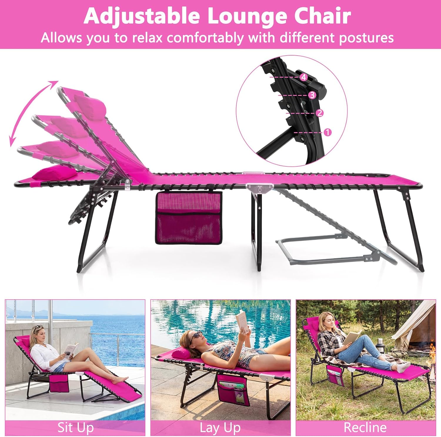 Giantex Patio Lounge Chairs for Outside - Folding Tanning Chair w/Headrest, 4 Adjustable Positions, Side Pocket, Outdoor Chaise Lounge for Camping, Pool, Sunbathing Beach Chair, Pink