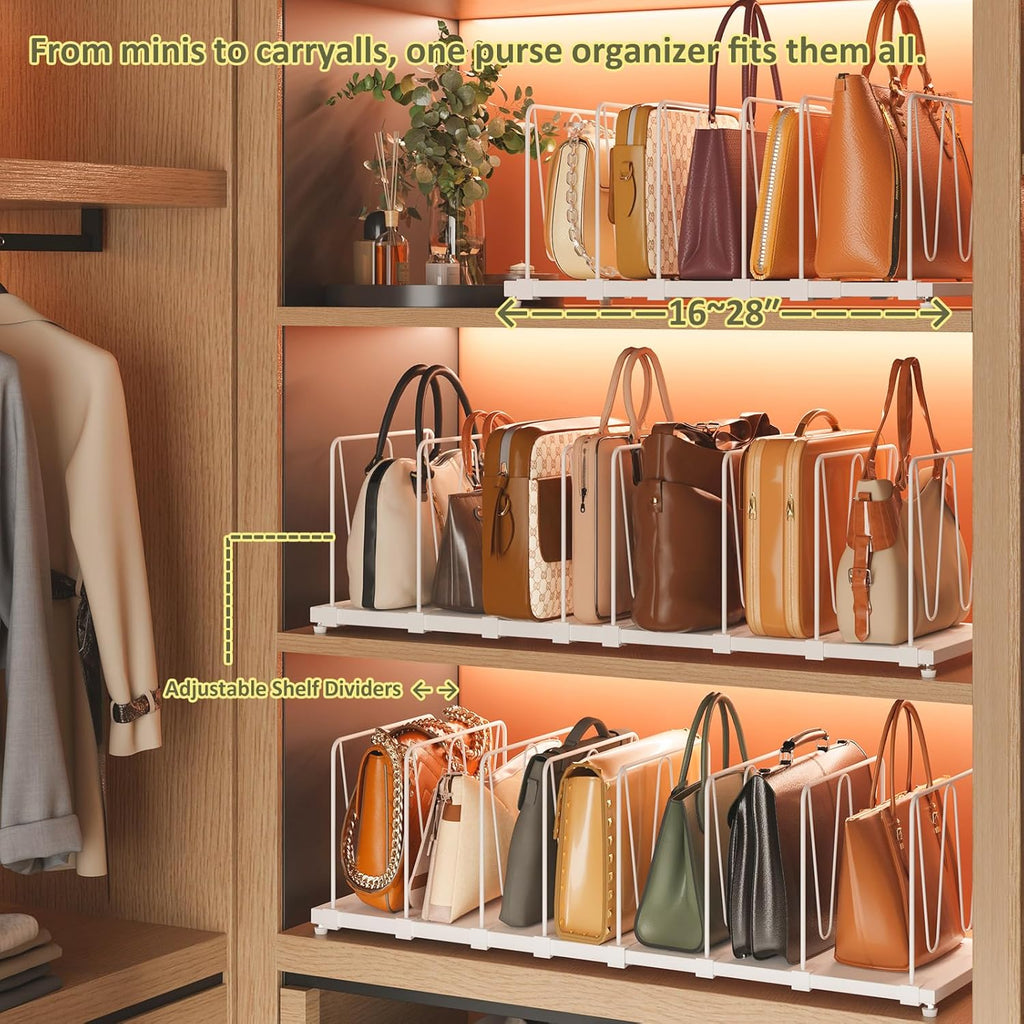 Dmevkic Extendable Purse Organizers Purse Storage. Length 16-28 in. Bag Organizer Purse Holder for Closet with 8 Adjustable Shelf Dividers Patent Pending