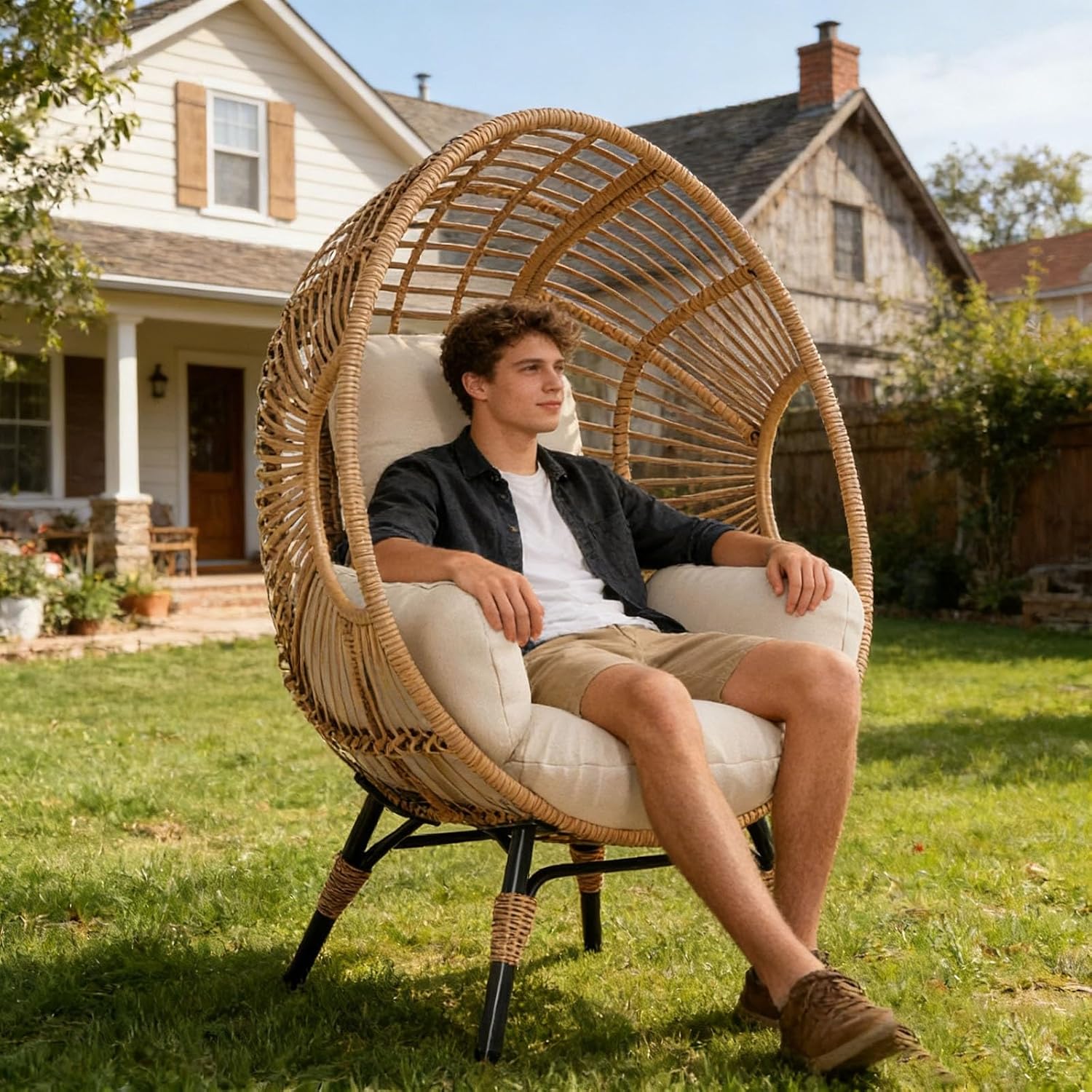 Egg Chair Wicker Balcony Chairs, 400lbs Capacity, 8-Inch Comfort Cushion, Indoor Outdoor(Natural)