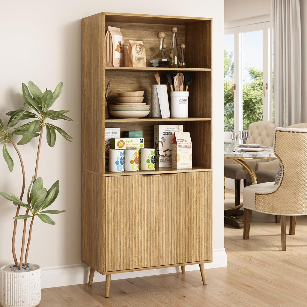 CARPETNAL Tall Storage Display Cabinet in Natural Oak- 70 Inch Bookshelf with Open and Closed Shelving - Modern Accent Cabinet for Living Room, Dining Room