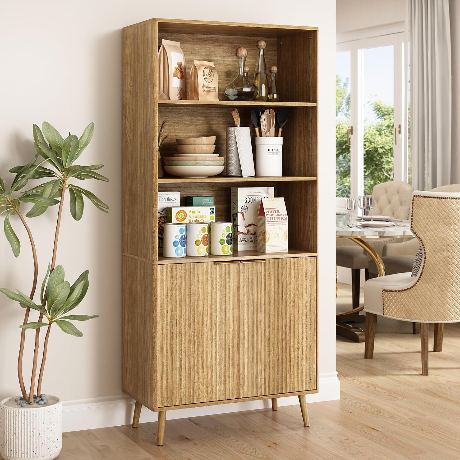 CARPETNAL Tall Storage Display Cabinet in Natural Oak- 70 Inch Bookshelf with Open and Closed Shelving - Modern Accent Cabinet for Living Room, Dining Room