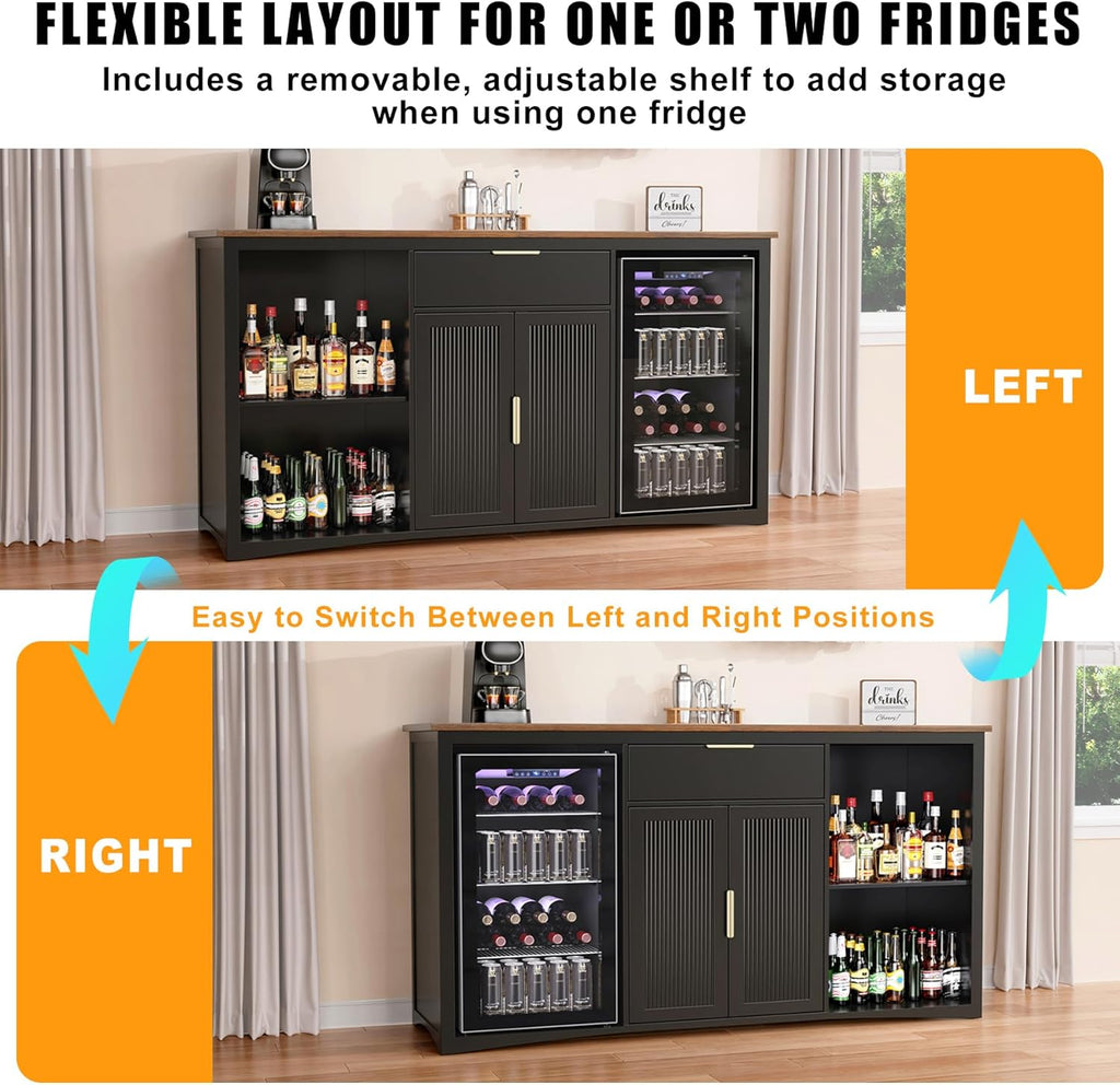 GDLF 70.1" Long Coffee Bar Cabinet with Fridge Space, Modern Wine Liquor Cabinet with Storage & Power Outlet, Buffet Sideboard with Fluted Doors for Home, Black
