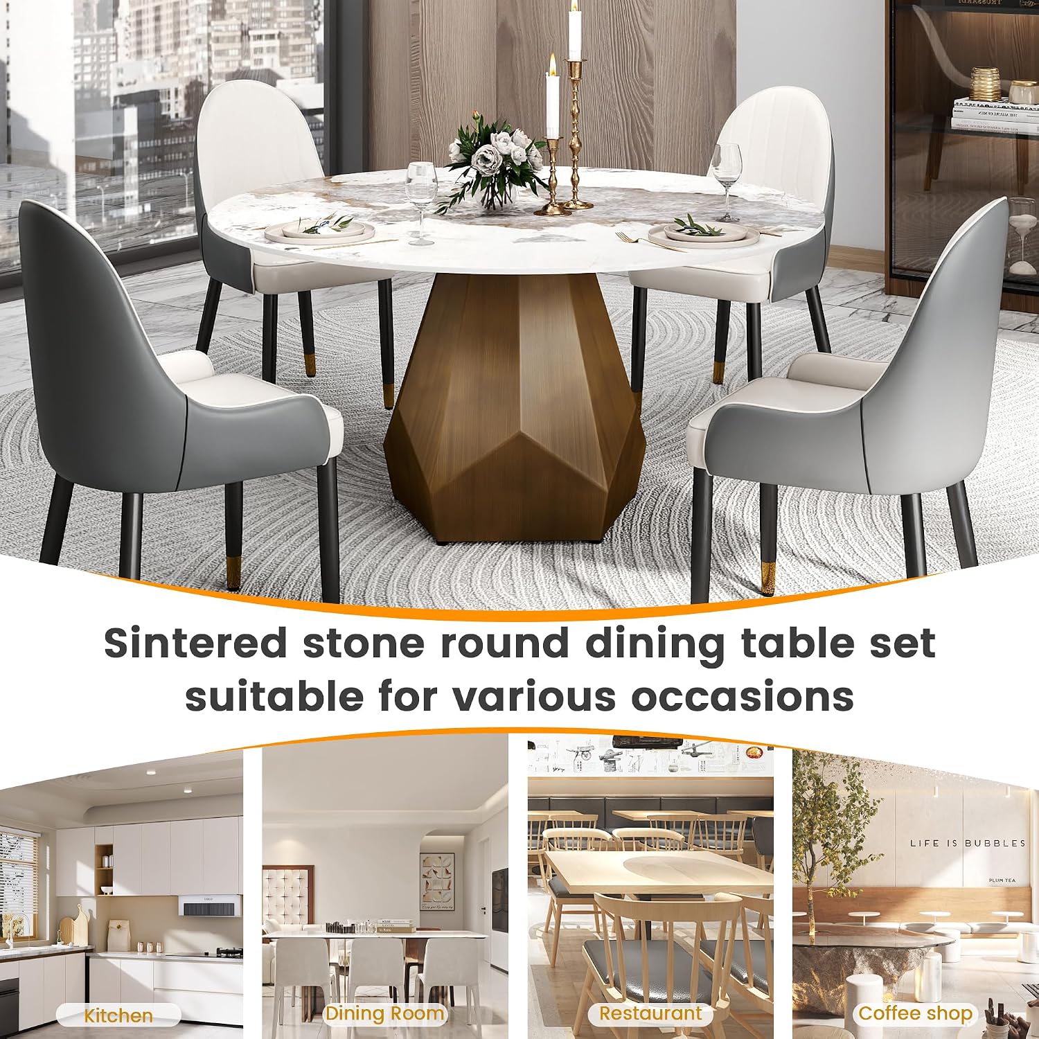 59.05" Round Marble Dining Table with Metal Base, Artificial Marble for 6-8 People, Dining Room/Living Room Kitchen Dining Table