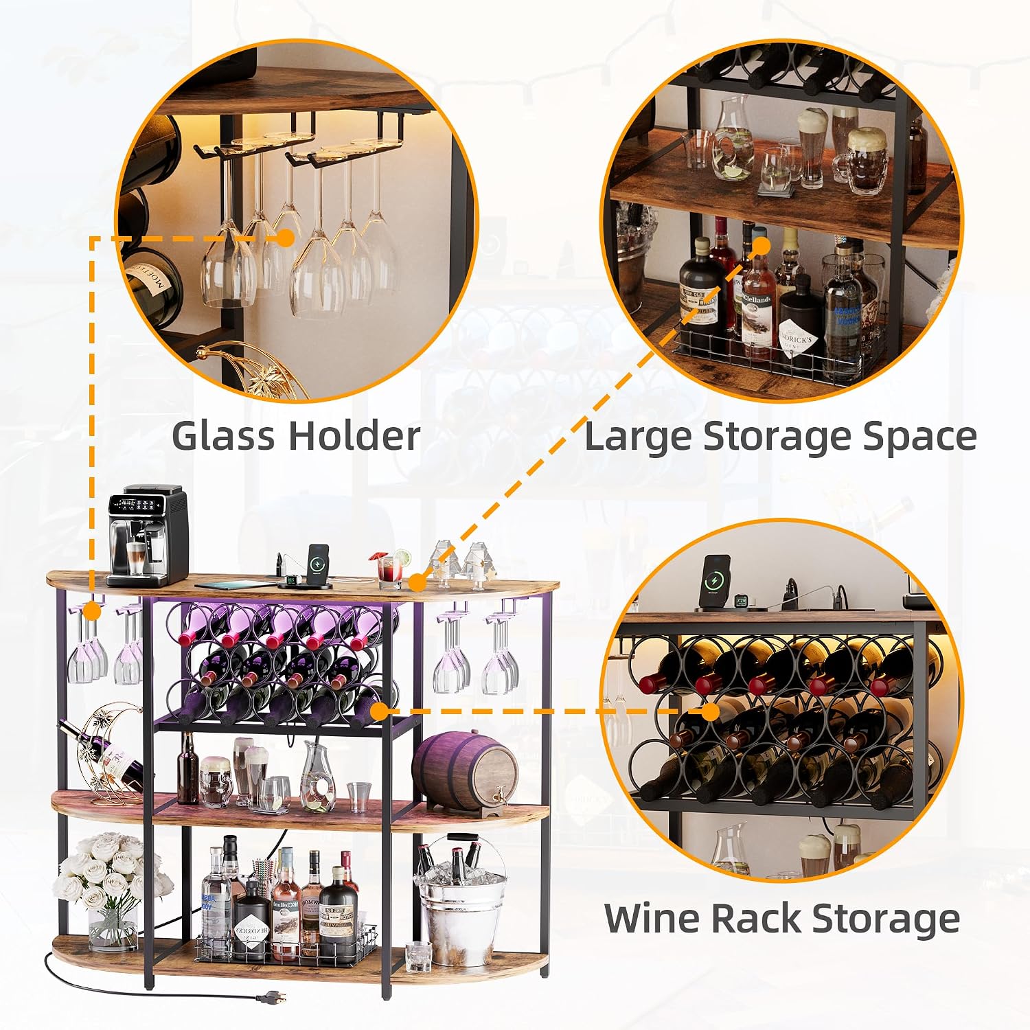 VICTONE Wine Bar Cabinet with LED Lights and Power Outlets, Freestanding Liquor Bar Cabinet Table with Glass Holder Wine Rack Table Mini Bar for Home Kitchen Dining Room
