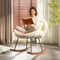 VINGLI 25.6" Extra Wide Criss Cross Nursery Rocking Chair,Cute Curved 115° Reclining Armless Glider,Plush Small Rocker w/Pillow & Solid Wood for Indoor,Bedroom, Living Room,Fluffy Fleece,Sandy Beige