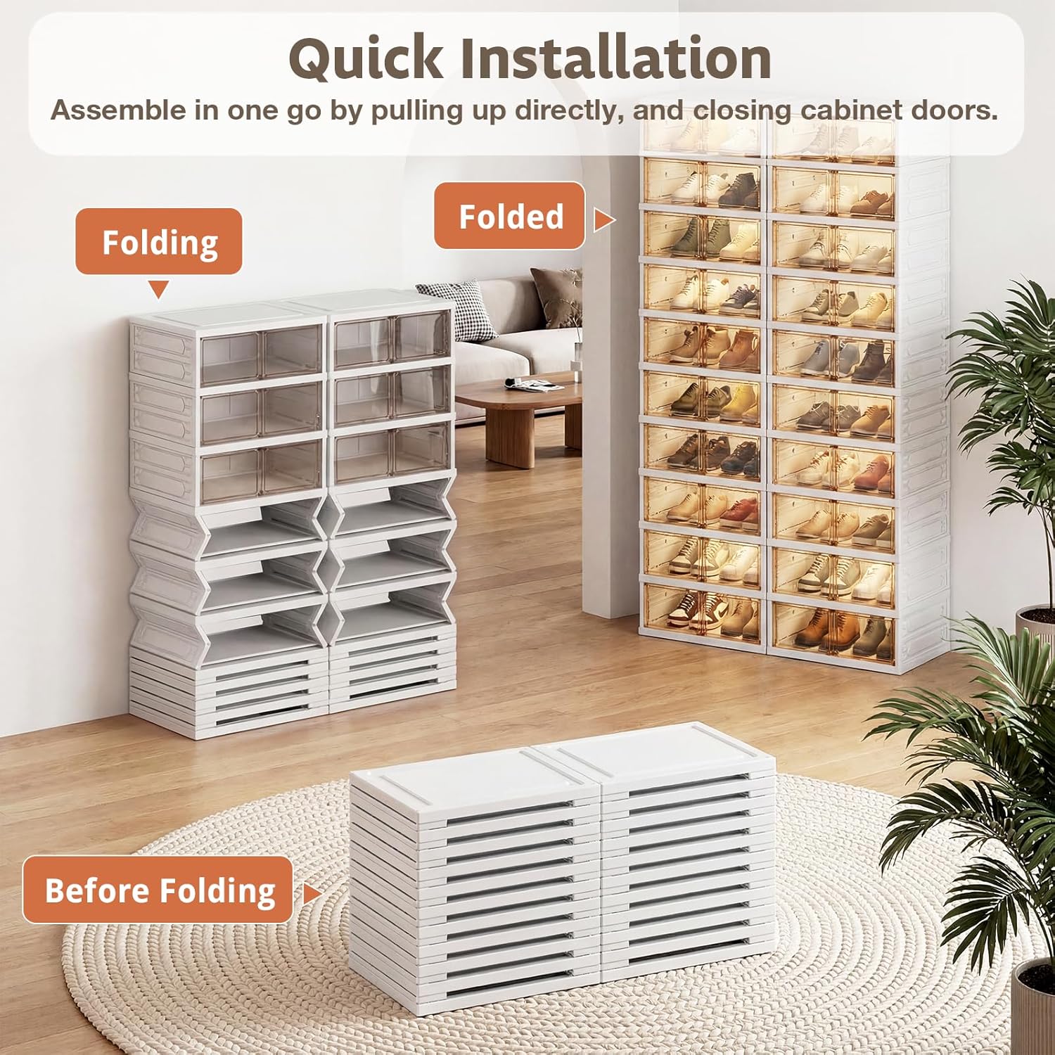 10-Tier Foldable Shoe Rack Organizer, 40 Pairs Stackable & Collapsible Shoe Cabinet with Transparent Doors & Leather Handles, Space-Saving Storage for Closet, Kitchen, Cabinet (No Boots Tier)