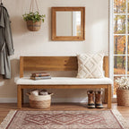 55" Solid Wood Entryway Bench Farmhouse Dining Bench with Backrest Long Window Bench with Cushion, Upholstered Storage Bench for Hallway Dining Room Bedroom, Sherpa White & Brown