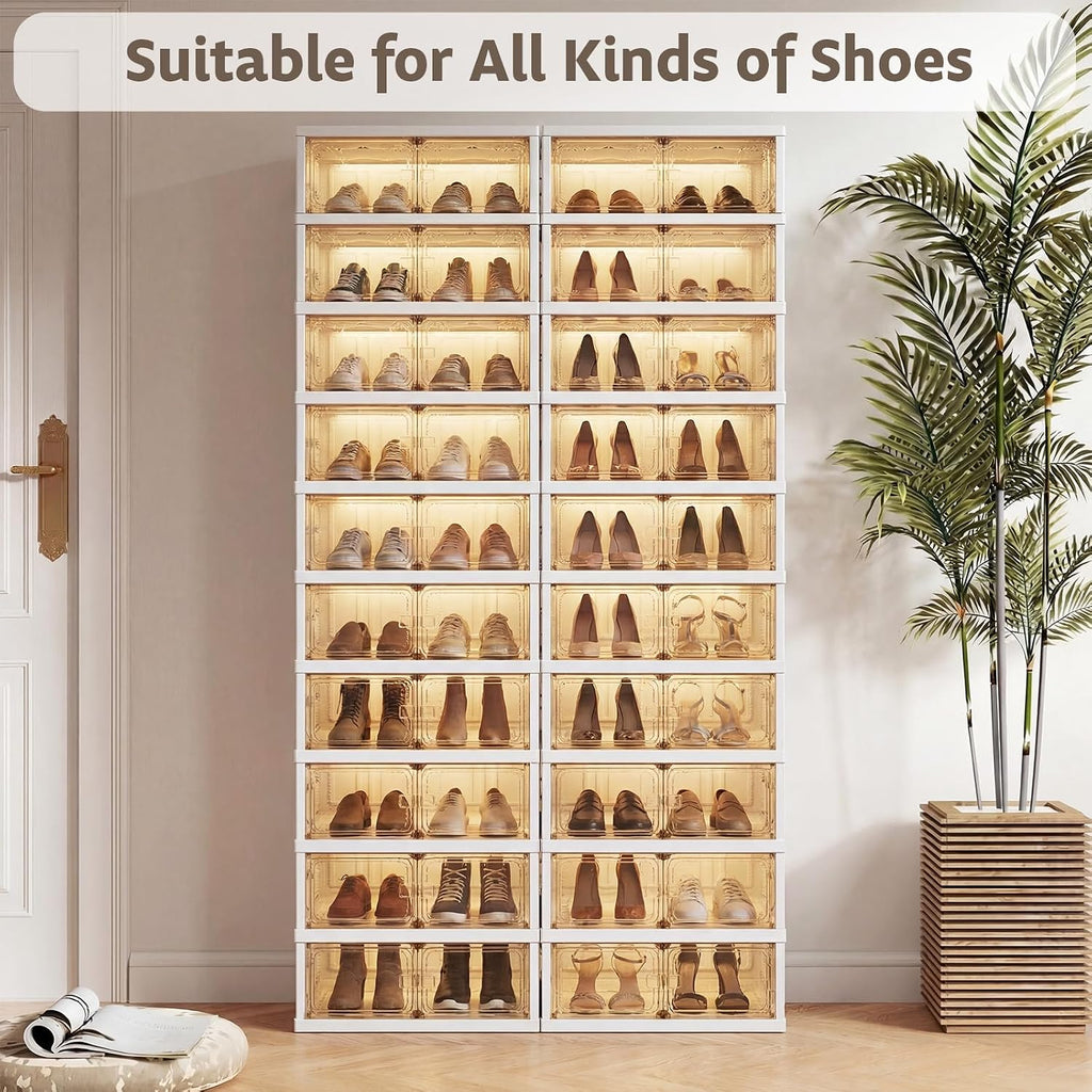 10-Tier Foldable Shoe Rack Organizer, 40 Pairs Stackable & Collapsible Shoe Cabinet with Transparent Doors & Leather Handles, Space-Saving Storage for Closet, Kitchen, Cabinet (No Boots Tier)