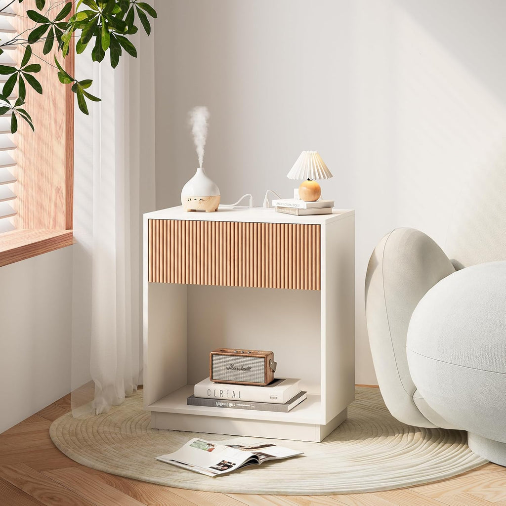 End Table with Charging Station, Fluted Nightstands Set of 2,Modern Bedside Table with Drawer and Storage Shelf, Wood End Table Mid Century Night Stands for Bedroom Living Room(White+Oak)