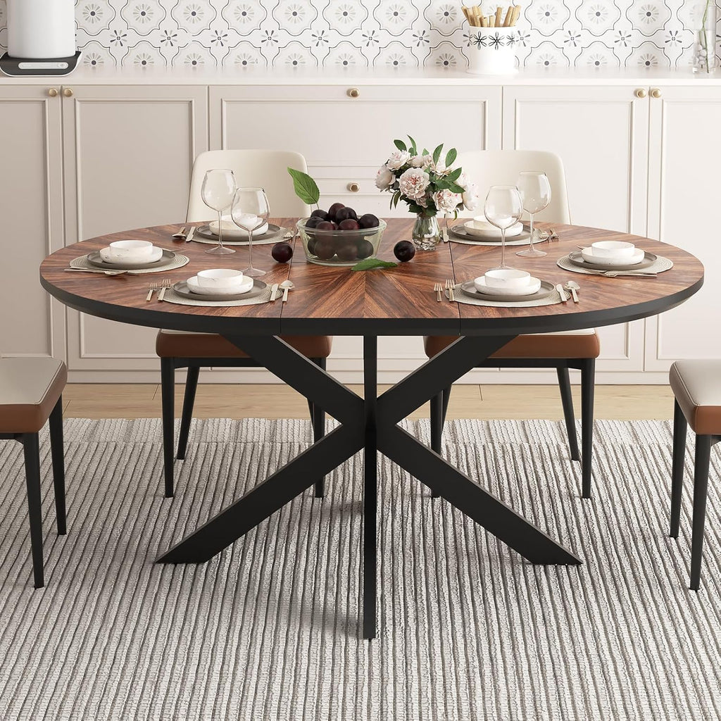KEIKI 47.2"-63" Extendable Round Dining Table for 4-6, Modern Wooden Kitchen Table with Removable Leaf, Solid Wood Oval Dinner Tables for Dining Room Living Room, Walnut