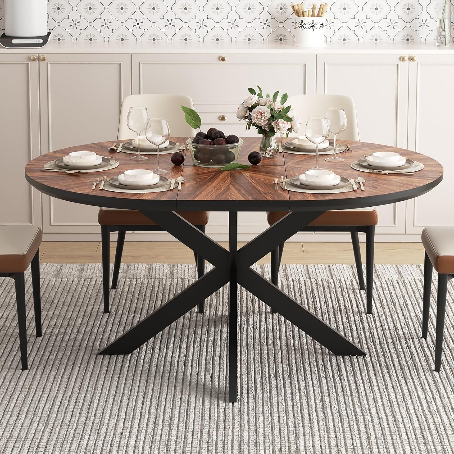 KEIKI 47.2"-63" Extendable Round Dining Table for 4-6, Modern Wooden Kitchen Table with Removable Leaf, Solid Wood Oval Dinner Tables for Dining Room Living Room, Walnut
