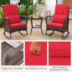 ORALNER 3 Pieces Patio Furniture Wicker Rocker Set, Outdoor Rocking Chairs with Cushions, Pillows, Glass Coffee Table, Rattan Bistro Set for Balcony Front Porch Poolside Garden Deck (Red)