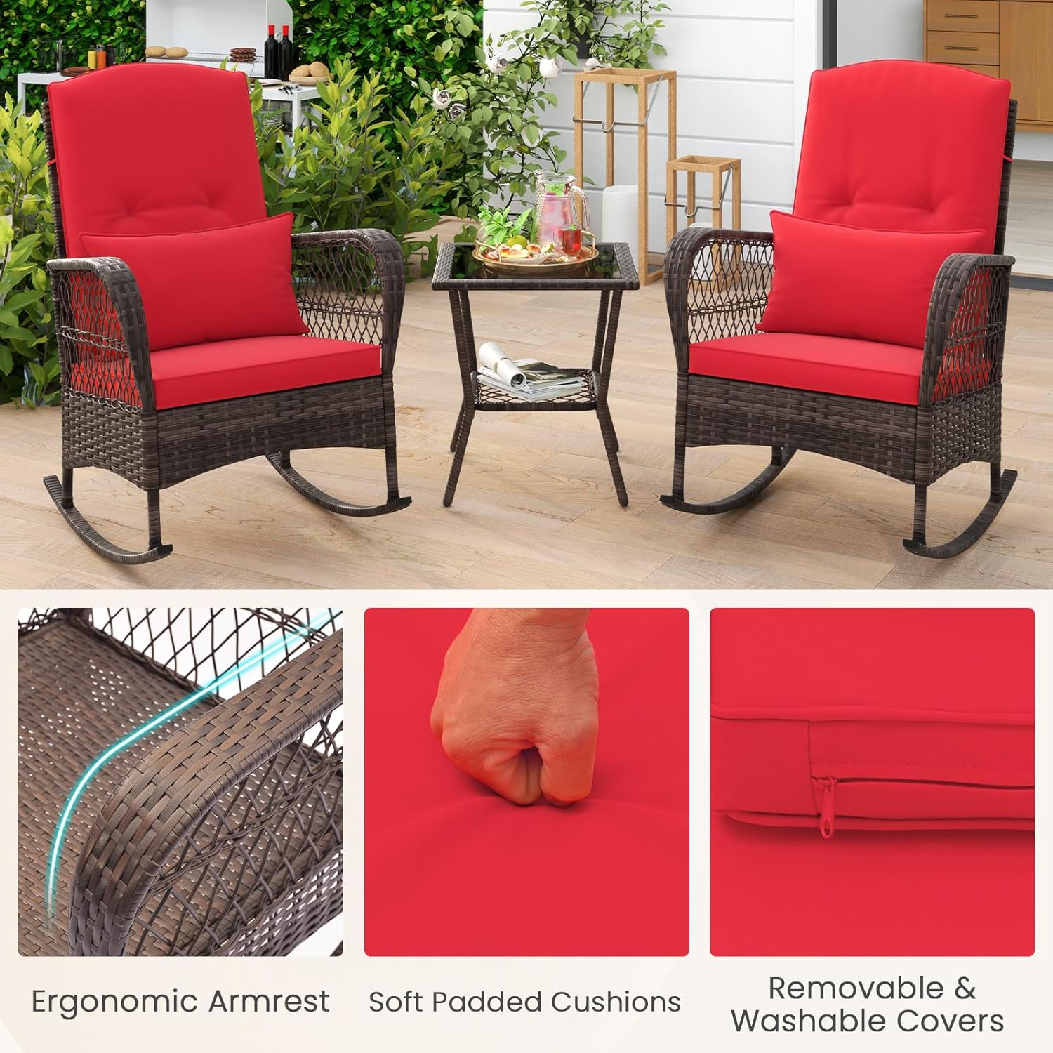ORALNER 3 Pieces Patio Furniture Wicker Rocker Set, Outdoor Rocking Chairs with Cushions, Pillows, Glass Coffee Table, Rattan Bistro Set for Balcony Front Porch Poolside Garden Deck (Red)