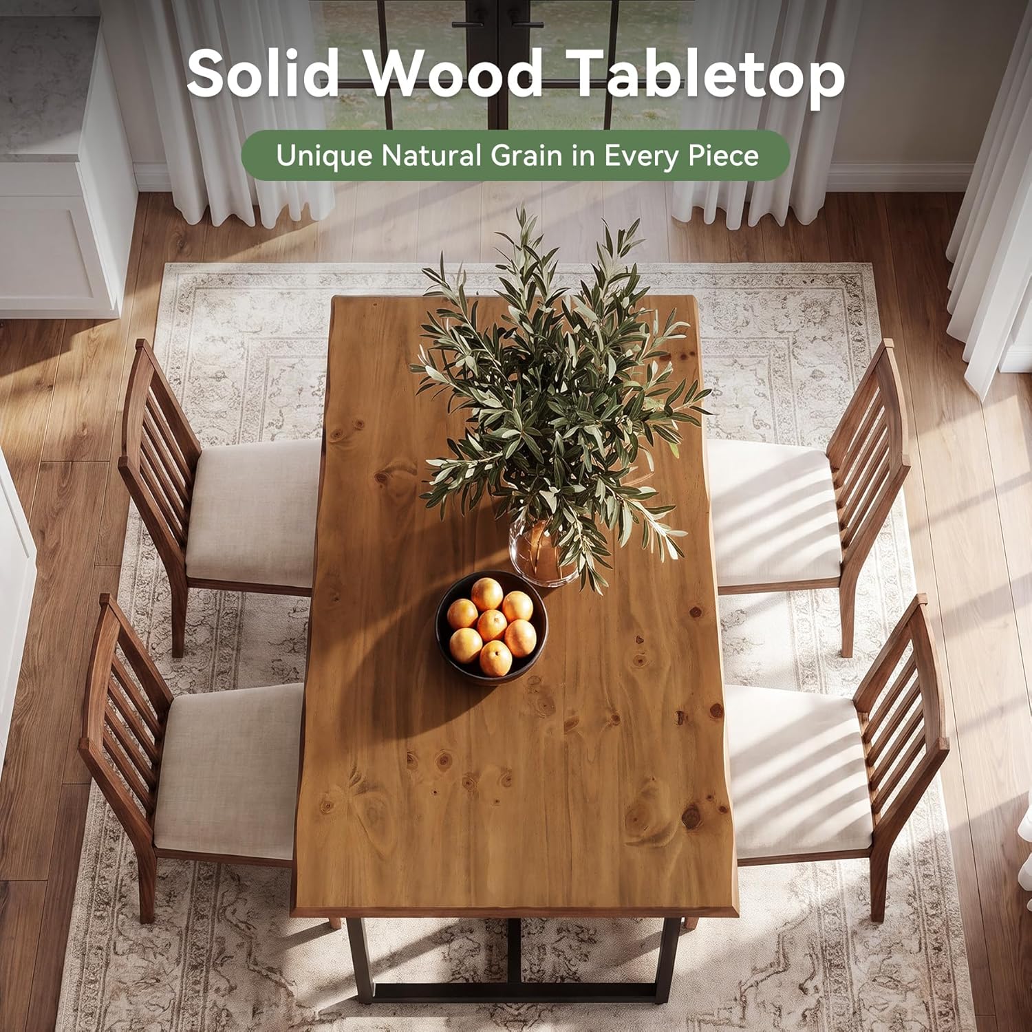63" Solid Wood Dining Table for 4–6, Rectangular Kitchen & Dining Room Table with Live-Edge Inspired Top, Industrial Dining Table with Heavy-Duty Metal Frame