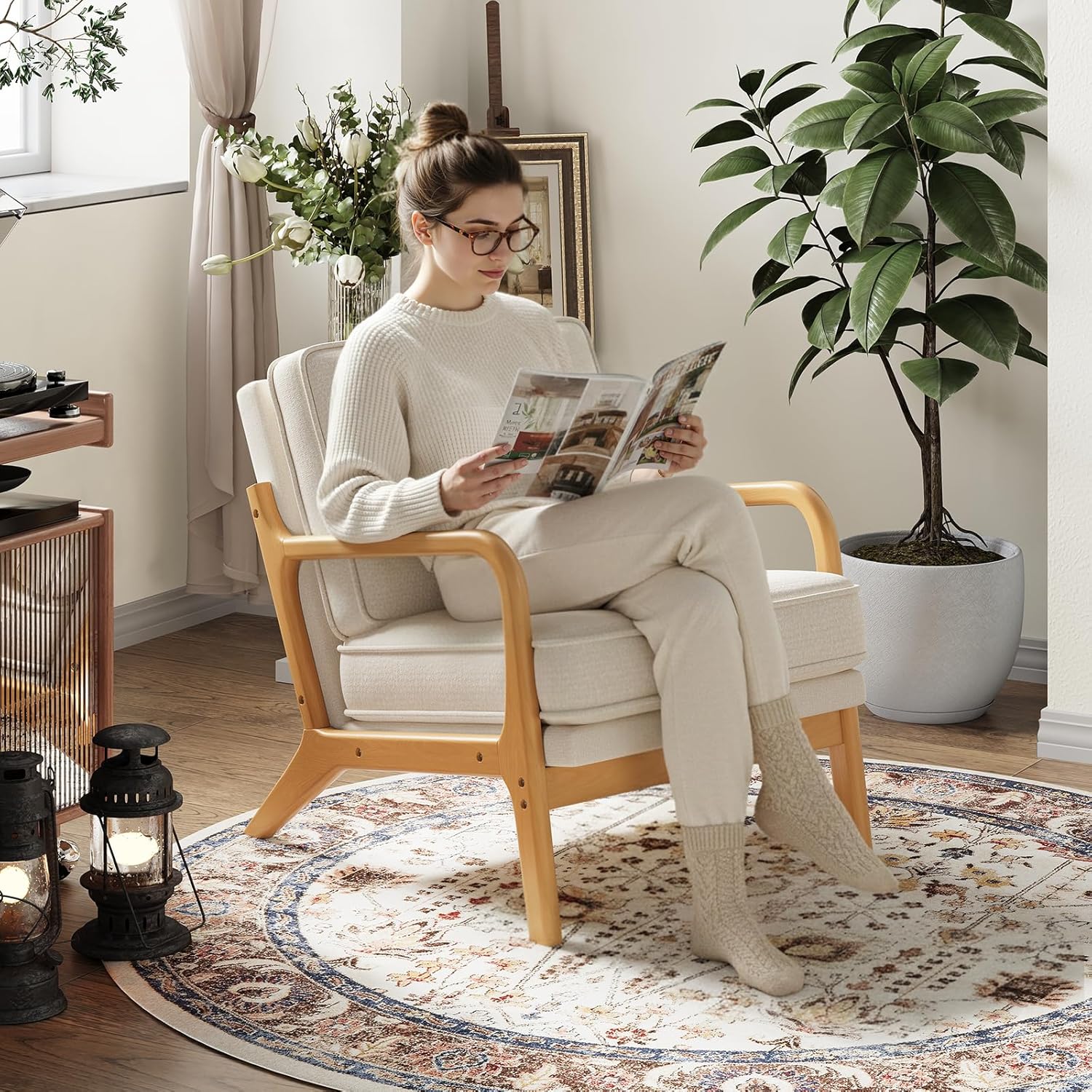 MALOL Mid-Century Accent Chair Set of 2 with Solid Wood Frame, Reading Relaxing Armchair Lumbar Pillow& Soft Cushion, Leisure Chair for Living Room, Bedroom, Waiting Room-Beige