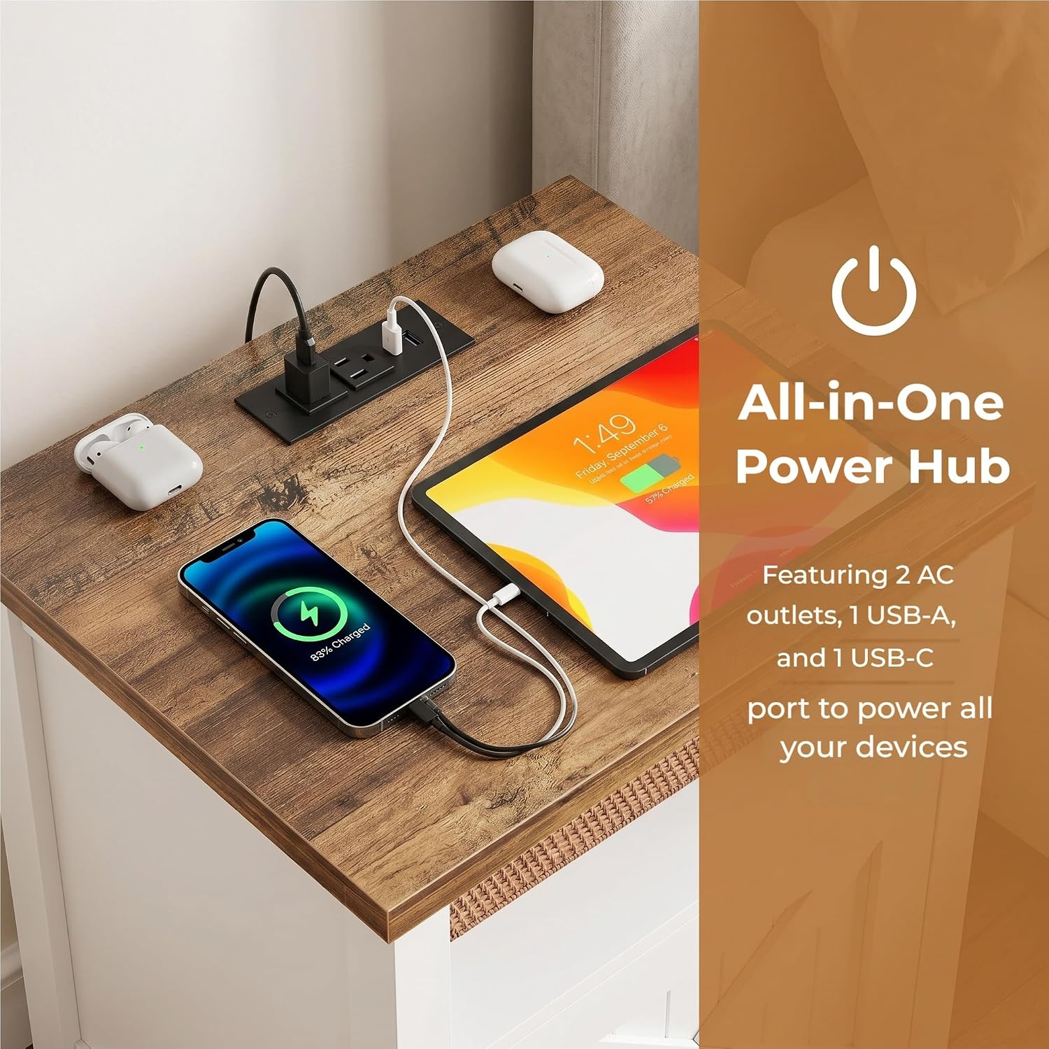 Amada Farmhouse Nightstand Set of 2 with Charging Station, Bedside Table with USB-C & USB Ports and AC Outlets, Wood End Table with Barn Door, Open Shelf & Cabinet Storage for Bedroom, White & Brown