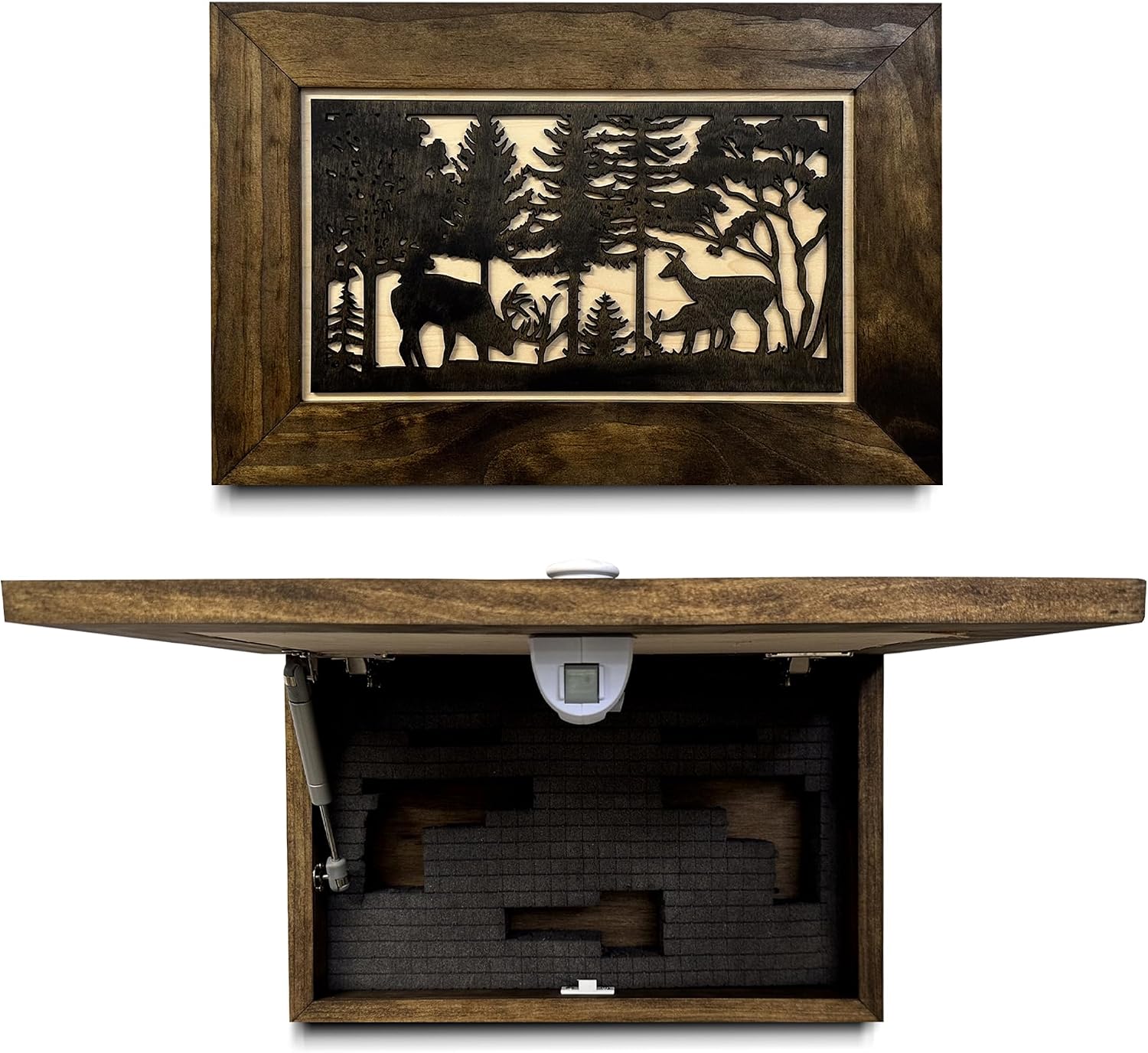 Bellewood Designs Deer Scene Hidden Gun Safe - Handcrafted Hidden Gun Storage Wall Decor - Gun Concealment Shelf with Magnetic Lock for Quick Access - Wood Gun Cabinet - Made in USA