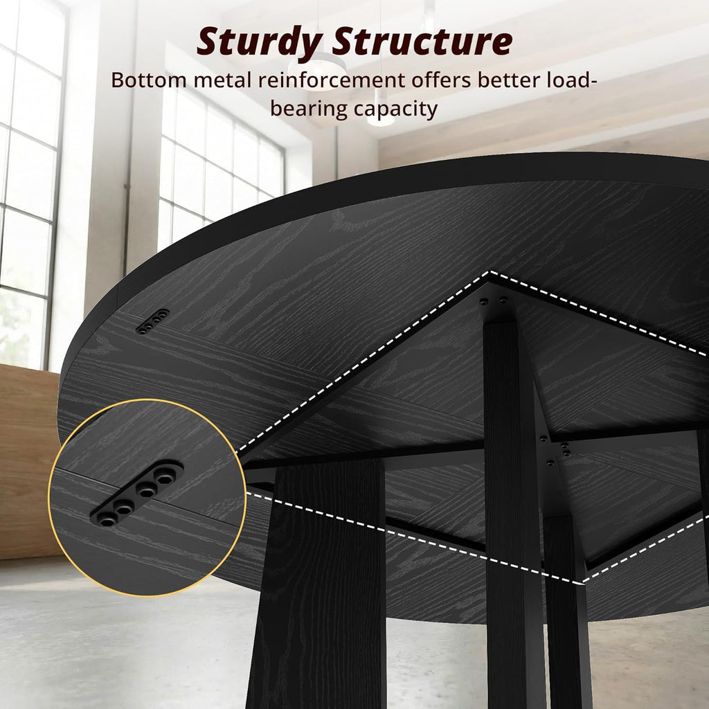 Black Round Dining Table for 4-6, 47 Inch Black Kitchen Table with Storage Shelf & Wood Pedestal Base, Modern Circle Dining Room Table for Small Apartment, Home Office, Living Room