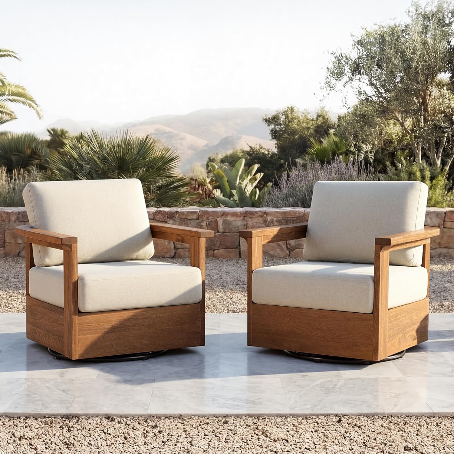 CHITA Patio Acacia 360° Swivel Chair, Outdoor Furniture with 7.7” Thickened Cushions Acacia Wood Frame, Fully Assembled
