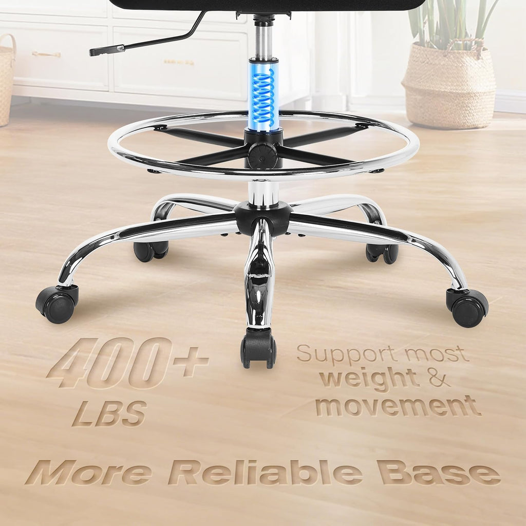 400LBS Drafting Chair, Tall Office Chair with Adjustable Lumbar Support&Footrest Ring, Comfy Extra Deep W-Shape Thicken Cushion, Breathable Mesh Standing High Desk Chair with Padded Flip-up Armrests