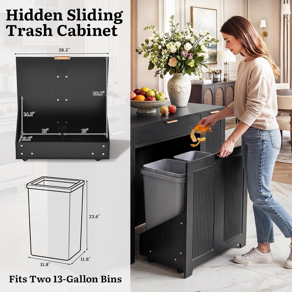 YITAHOME Expandable Kitchen Island with Hidden Trash Cabinet, 55.1" Rolling Kitchen Island with Drop Leaf, Storage Drawer & 3-Tier Side Shelves, Mobile Kitchen Island on Wheels with Towel Bar & Hooks