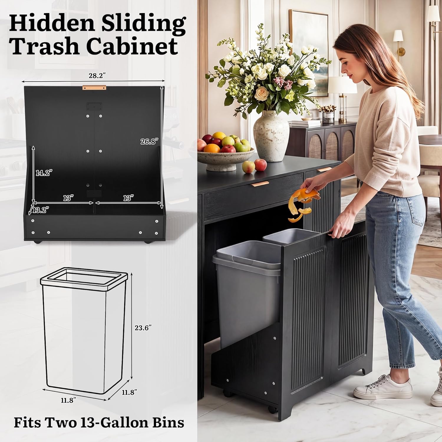 YITAHOME Expandable Kitchen Island with Hidden Trash Cabinet, 55.1" Rolling Kitchen Island with Drop Leaf, Storage Drawer & 3-Tier Side Shelves, Mobile Kitchen Island on Wheels with Towel Bar & Hooks