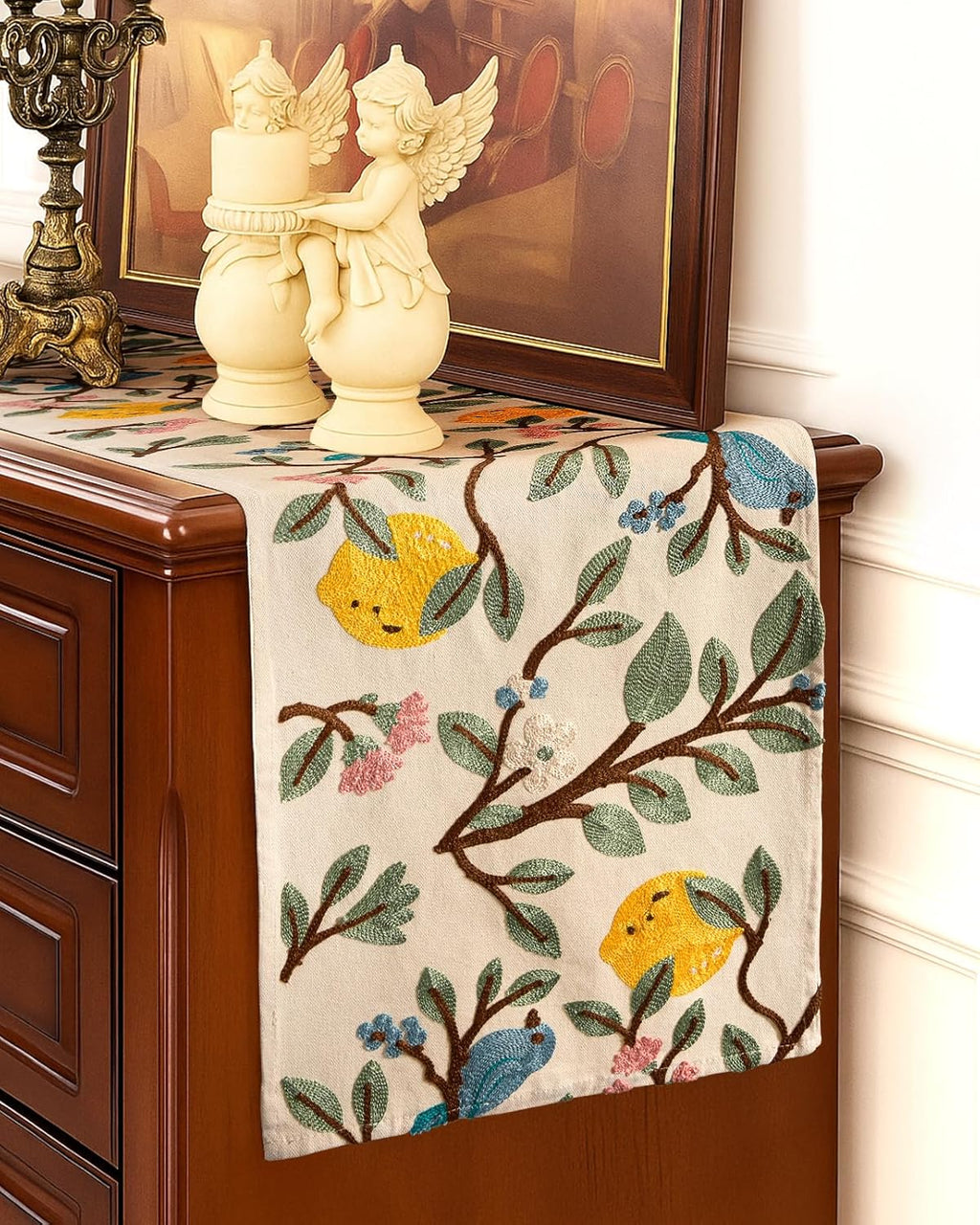 Canvas Embroidered Table Runner - 13"x 72" Coffee Table Runner for Living Room Narrow Tablerunner for Dining Room Washable Farmhouse Kitchen Island Counter Decor Housewarming Gift, Lemon Bird