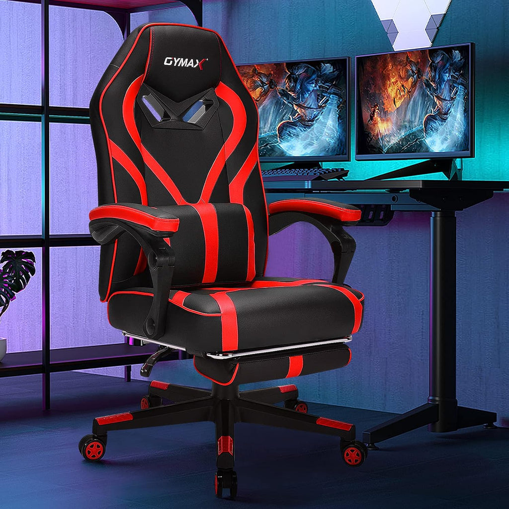 GYMAX Gaming Chair Office Chair, Adjustable Swivel Racing Style Computer Chair with Massage Lumbar Support, Headrest Armrest & Retractable Footrest, Video Gaming Chair for Home Theatre (Red)