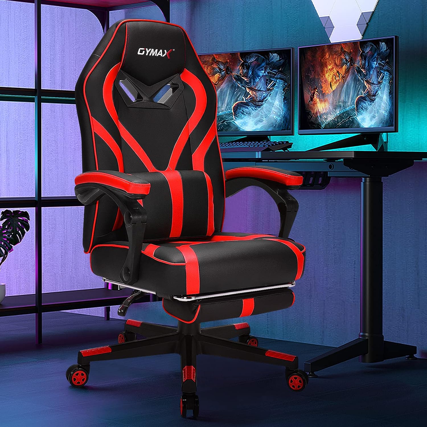 GYMAX Gaming Chair Office Chair, Adjustable Swivel Racing Style Computer Chair with Massage Lumbar Support, Headrest Armrest & Retractable Footrest, Video Gaming Chair for Home Theatre (Red)