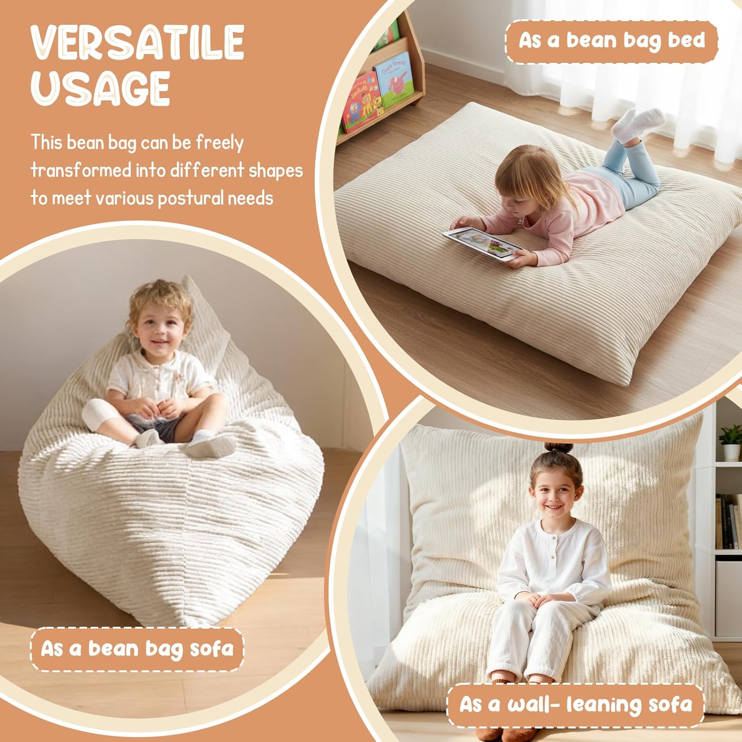 3 in 1 Kids Bean Bag Chair Bed – Foldable Bean Bag to Lounger & Floor Mattress, High-Density Foam Filling Bean Bag, Child Floor Sofa for Reading, Sleeping, Gaming & Relaxation,Beige