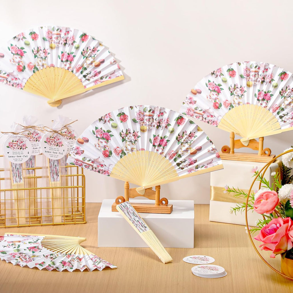 CroBlissful 30 Sets Off the Market Bridal Shower Favors Bamboo Folding Paper Hand Fans with Organza Bags and Thank You Tags Floral Market Themed Wedding Souvenirs for Guests