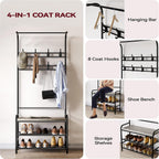 IDEALHOUSE Narrow Hall Tree Storage Bench, 4-in-1 Coat Rack with 3-Tier Shelf and 8 Hooks, Rustic Grey