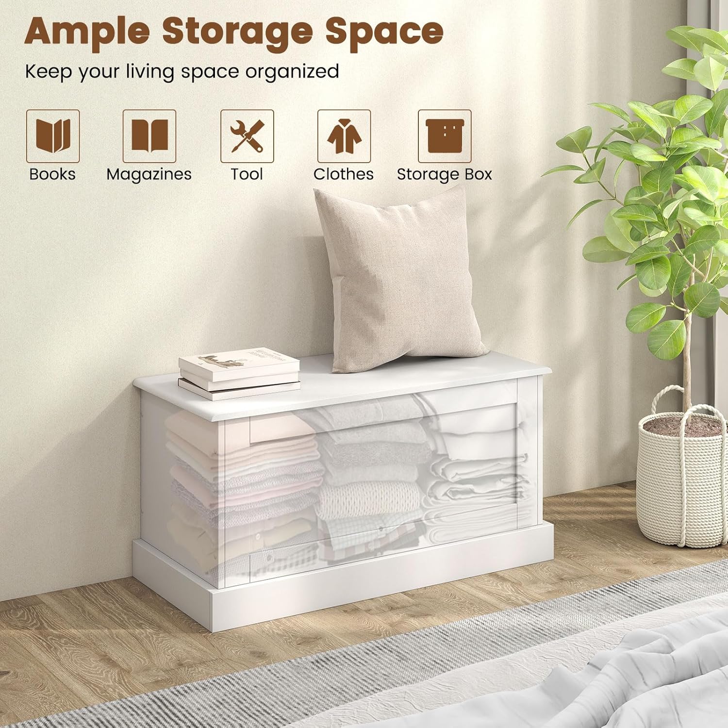 Giantex 35.5-Inches Storage Chest with Safety Metal Hinges, Wooden Flip Top Tool Trunk, Hydraulic Strut, Organizer Box, Large Farmhouse Storage Bench for Bedroom, Living Room, Entryway (White)