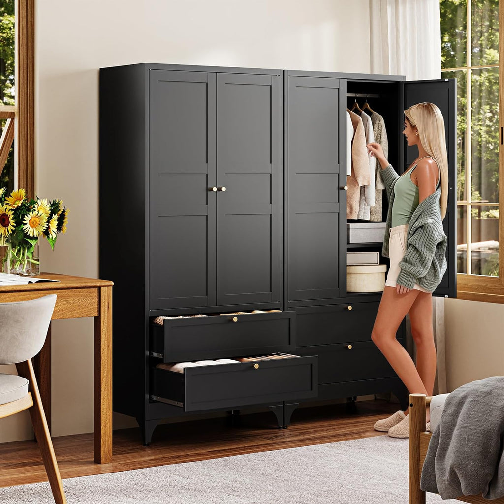 Letaya Metal Armoire Wardrobe Closet with 2 Drawers,18" Deep Clothing Storage Cabinet with Doors and Shelves,Coat Closet with Hanging Rod,Bedroom,Home,Cloak Room-Black