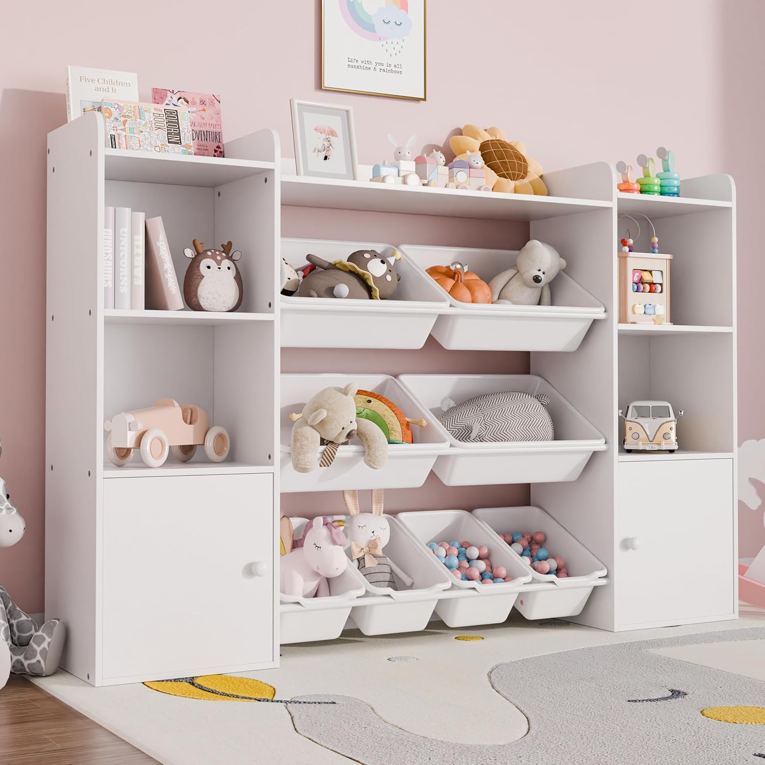 Xilingol Kids Toy Storage Organizer W/8 Removable Toy Bins, 4-Tier Toy Organizers W/6 Storage Cubbies, Kid Bookshelf and Toy Storage for Playroom, Bedroom, Kids Room, Classroom